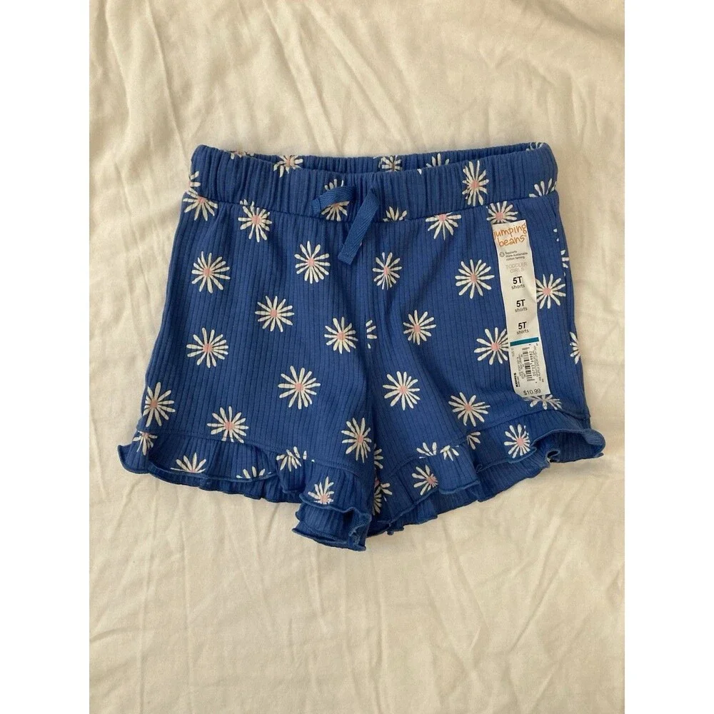 5T Jumping Beans girl clothes - one piece shorts | blue & flowers theme